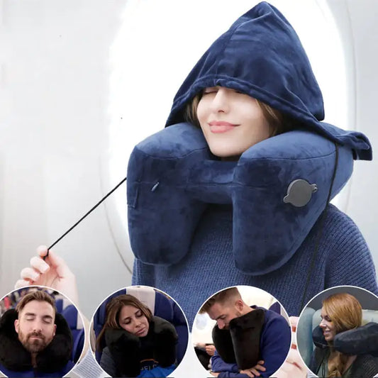 Hooded H Shaped Inflatable Travel Neck Pillow