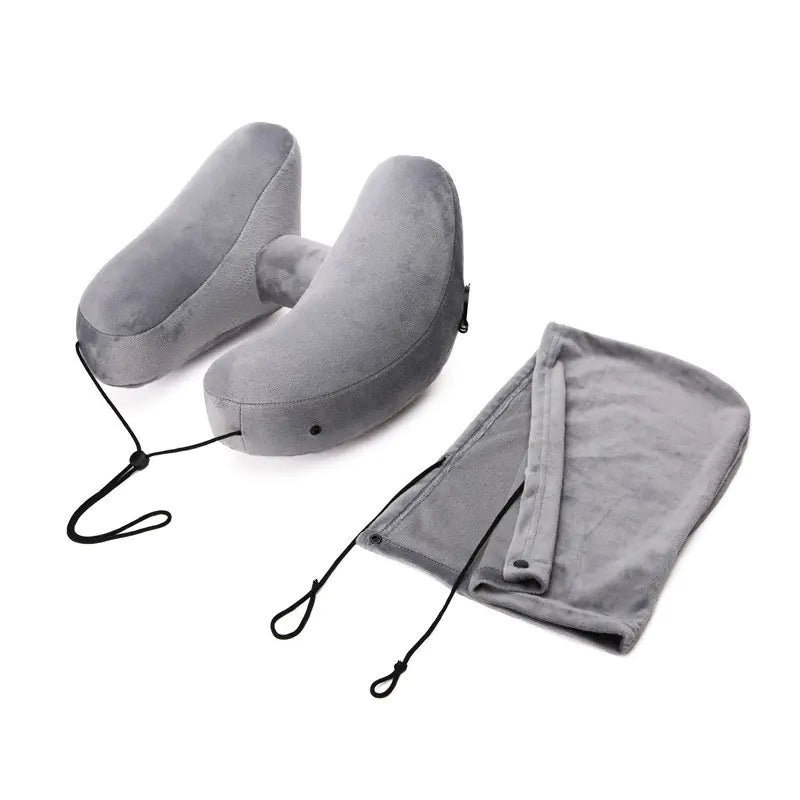 Hooded H Shaped Inflatable Travel Neck Pillow